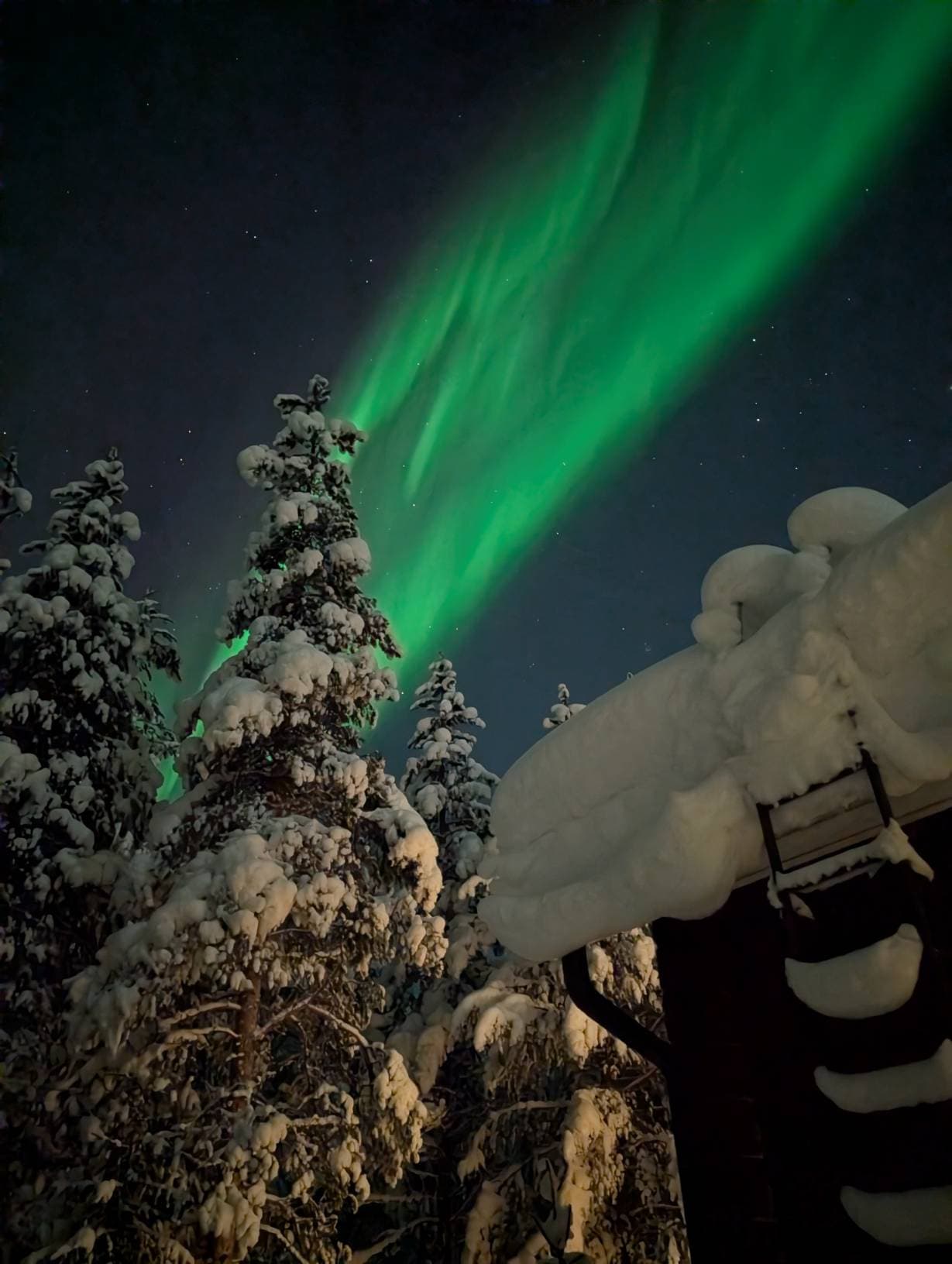 Northern lights over Nulkka Chalet in winter